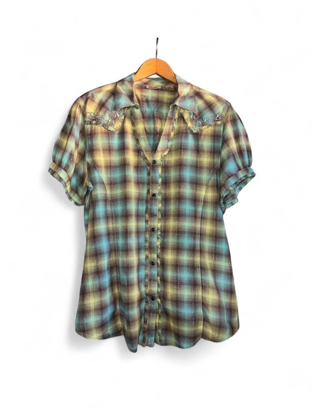 Wrangler Ruffle Blouse Top Shirt Plaid Turquoise Tan Lurex Short Puff Sleeves XL
